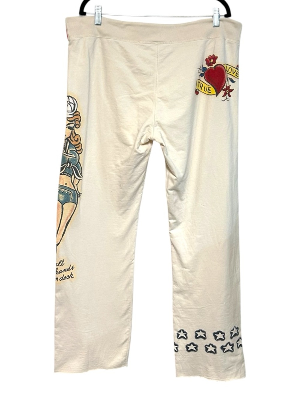 RARE lucky brand L-XL sweatpants naval pin up girl tattoo art vintage wide leg - Picture 3 of 16